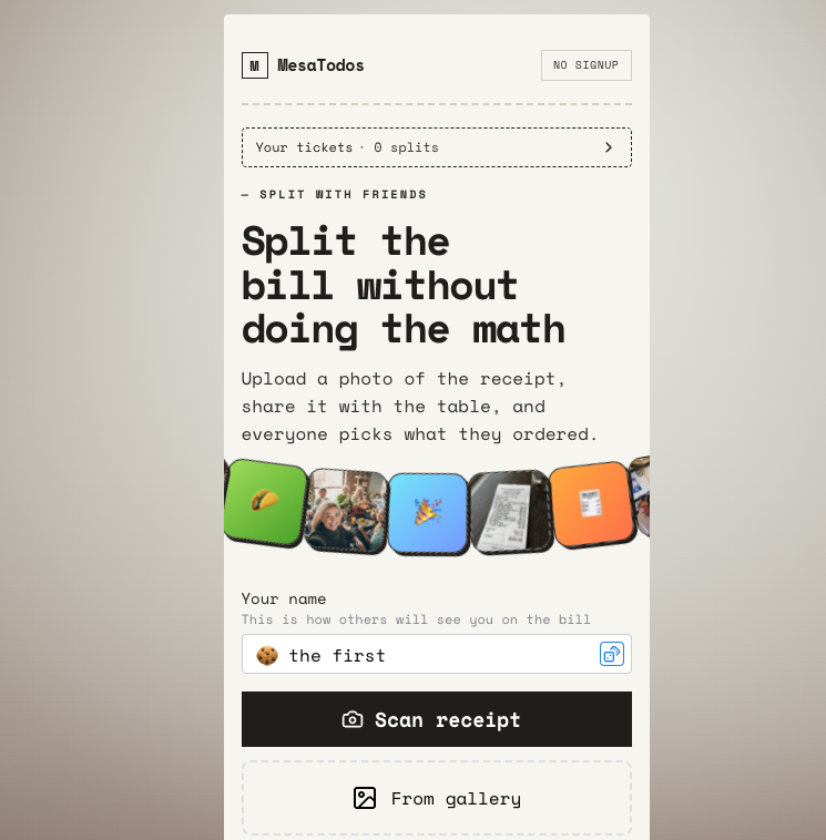 MesaTodos home screen: scan a receipt, add your name, and split the bill with the table